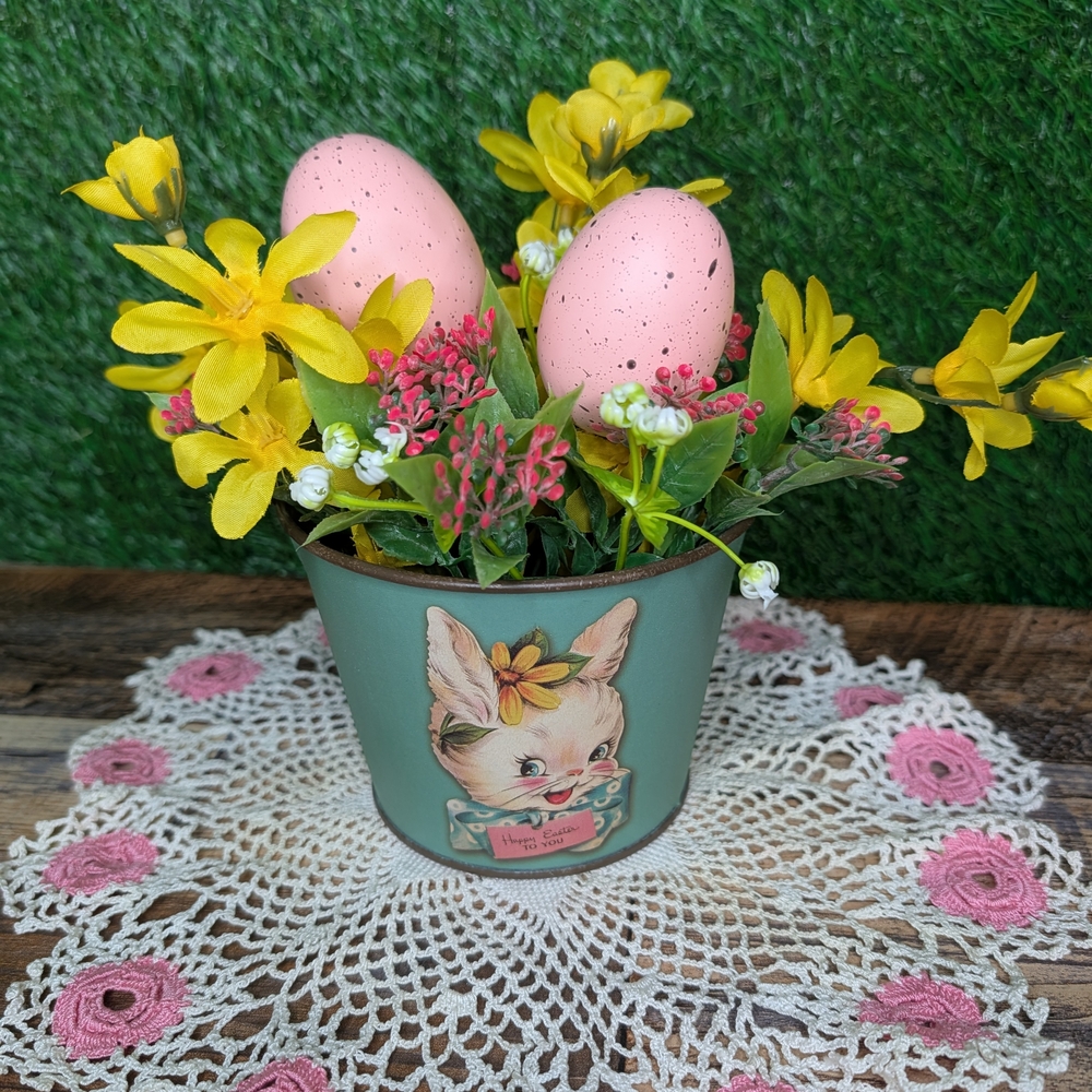 Vintage-Inspired Green Bunny Floral Planter with Pink Egg Accents